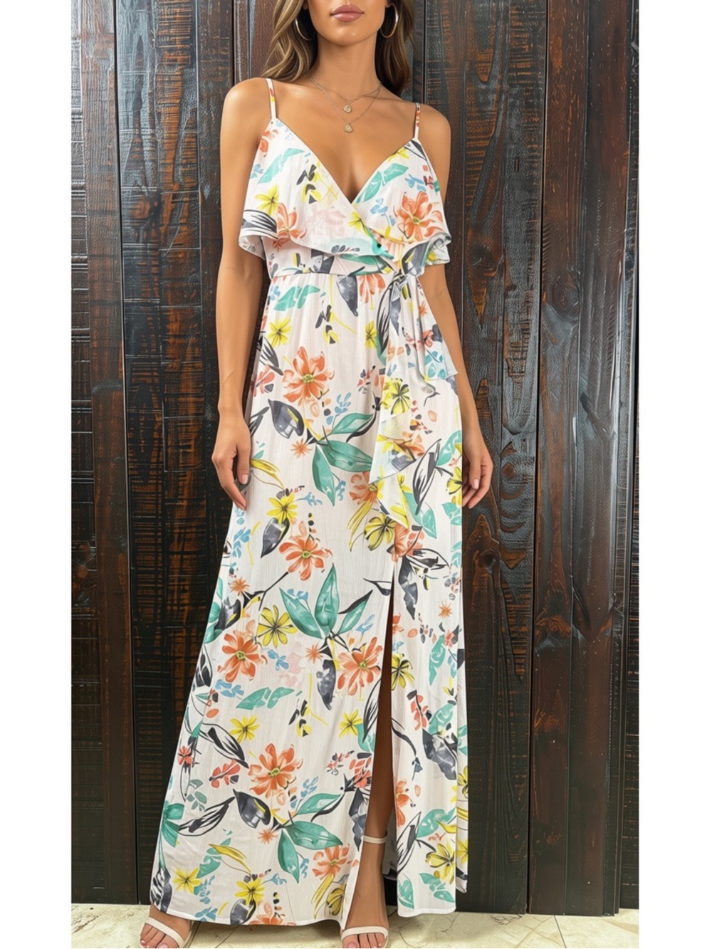 BCBG Floral Chiffon Maxi Dress with Side Slit Small